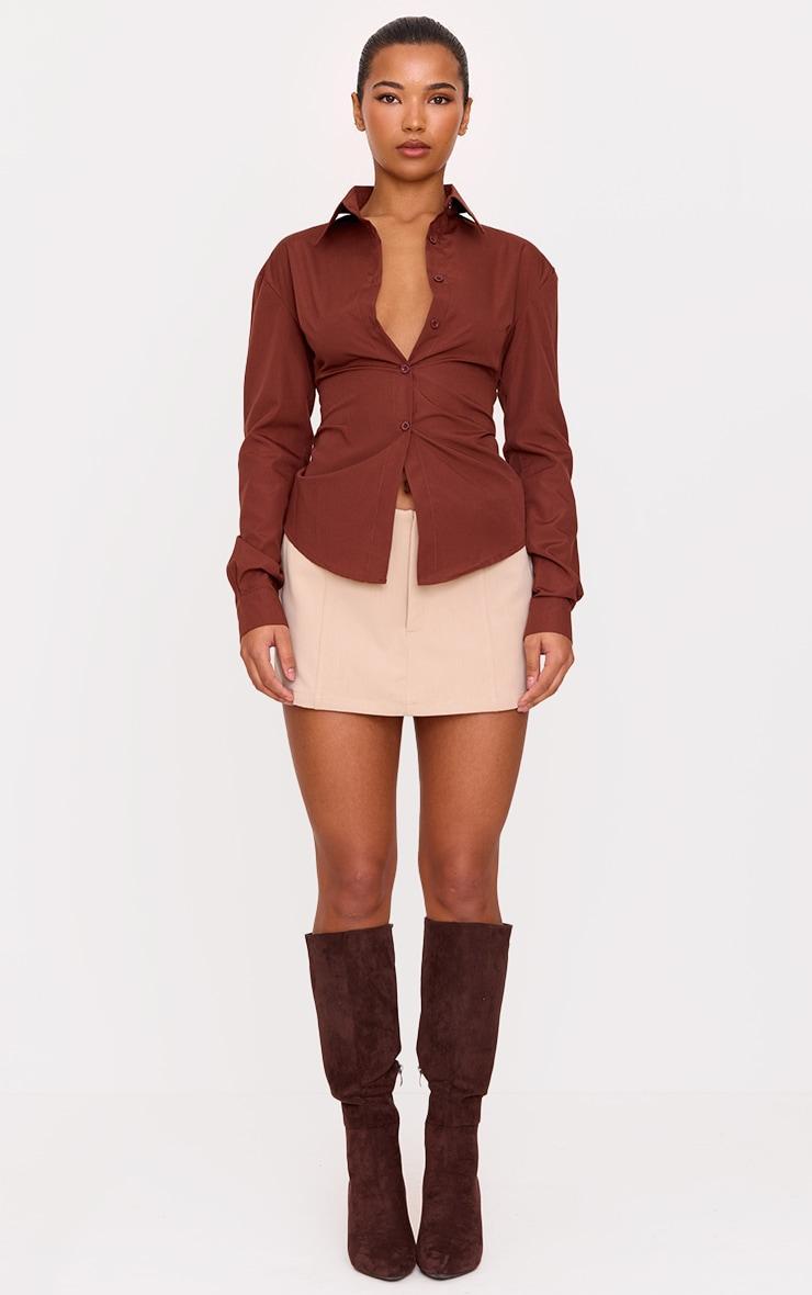 Chocolate Fitted Open Tie Back Shirt Product Image
