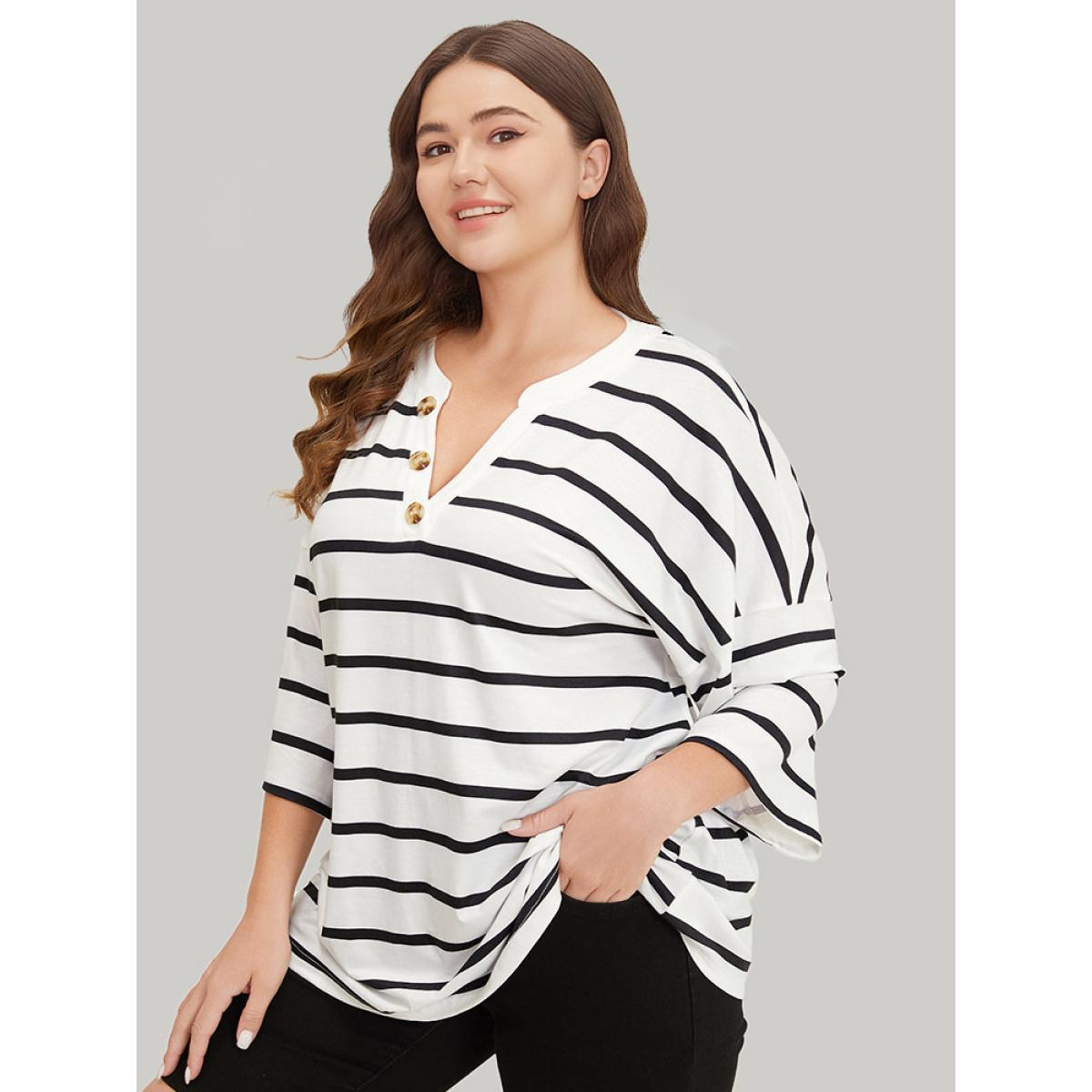Plus Size Striped Print Button Detail Notched T-shirt White Women Casual Button Striped Notched collar Dailywear T-shirts BloomChic 12/L Product Image