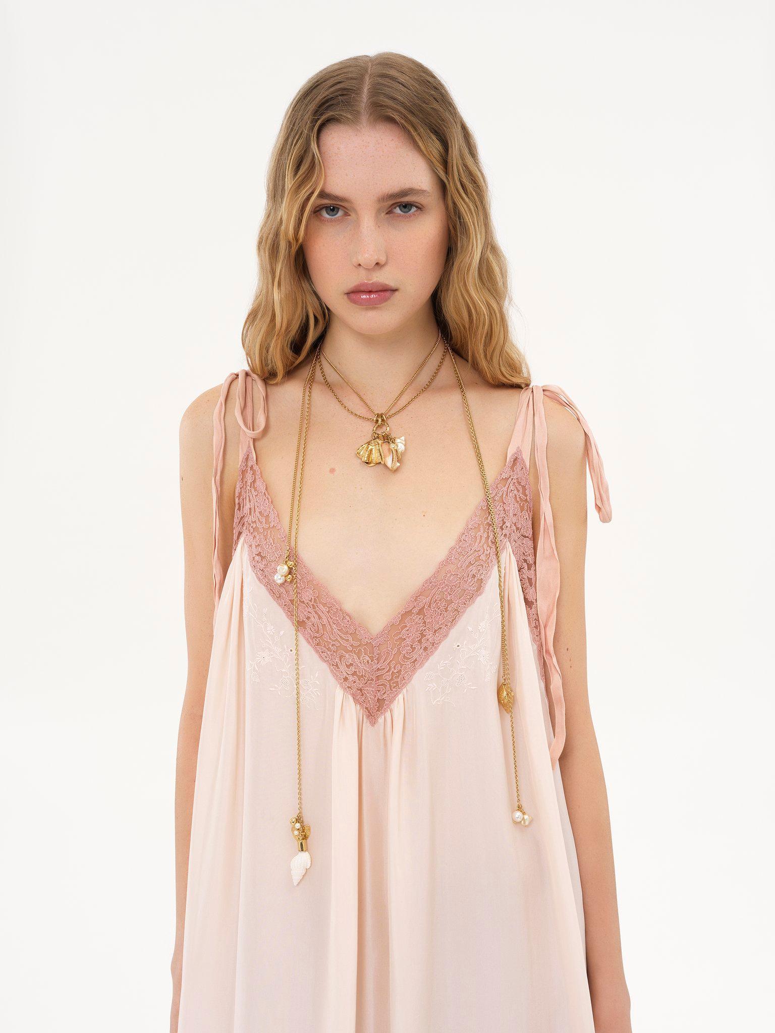 Long slip dress in silk habotai & lace Product Image