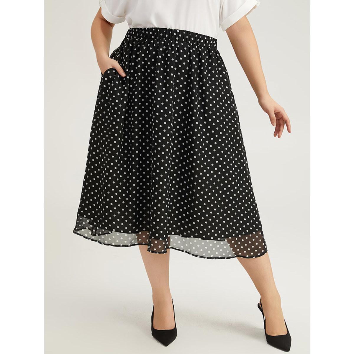 Plus Size Polka Dot Pocket Mesh Elastic Waist Skirt Women Black Office Lined No stretch Pocket Work Skirts BloomChic 18-20/2X Product Image