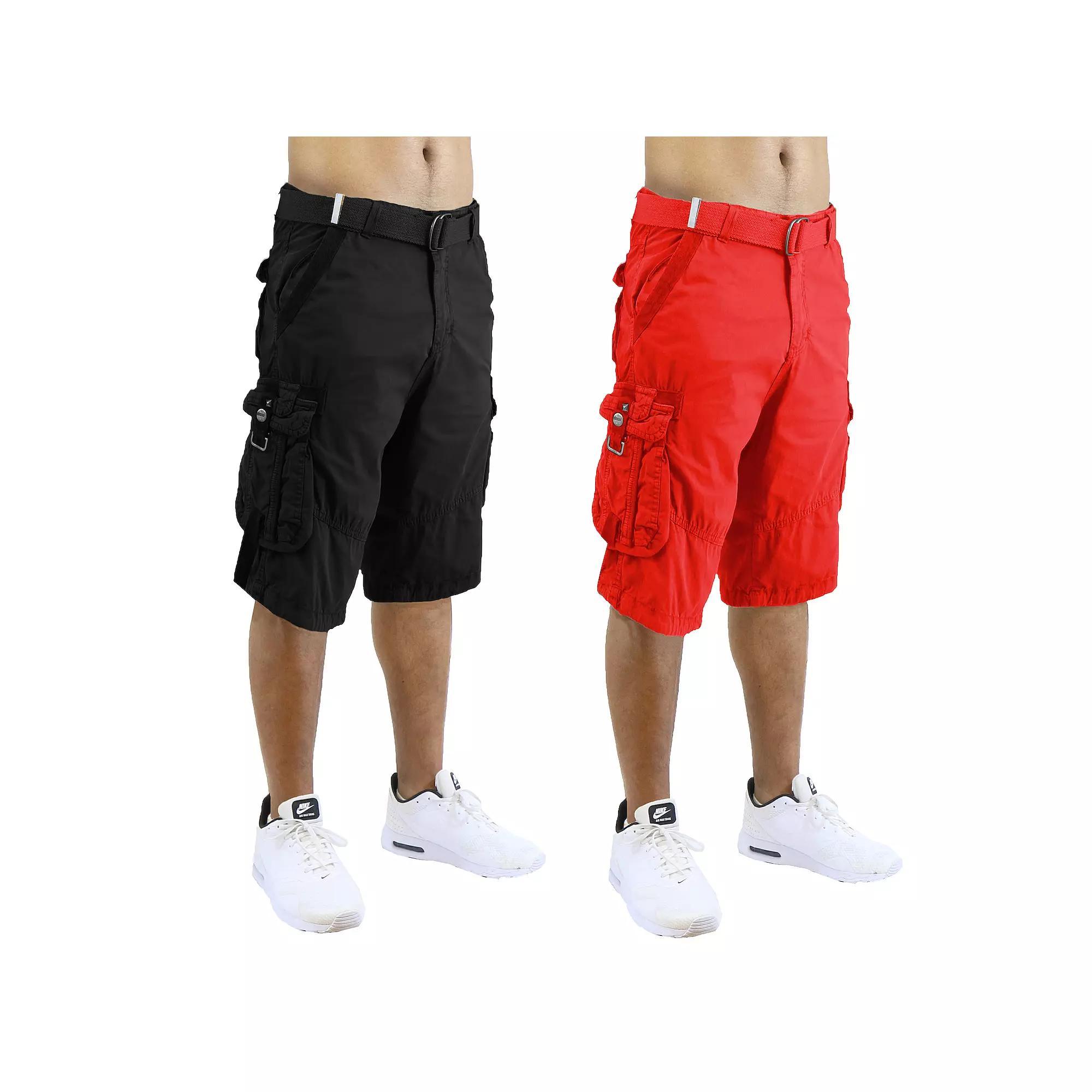 Men's Blu Rock 13.5" Distressed Cotton Cargo Shorts with Belt 2-Pack, Size: 32, Black Red Product Image