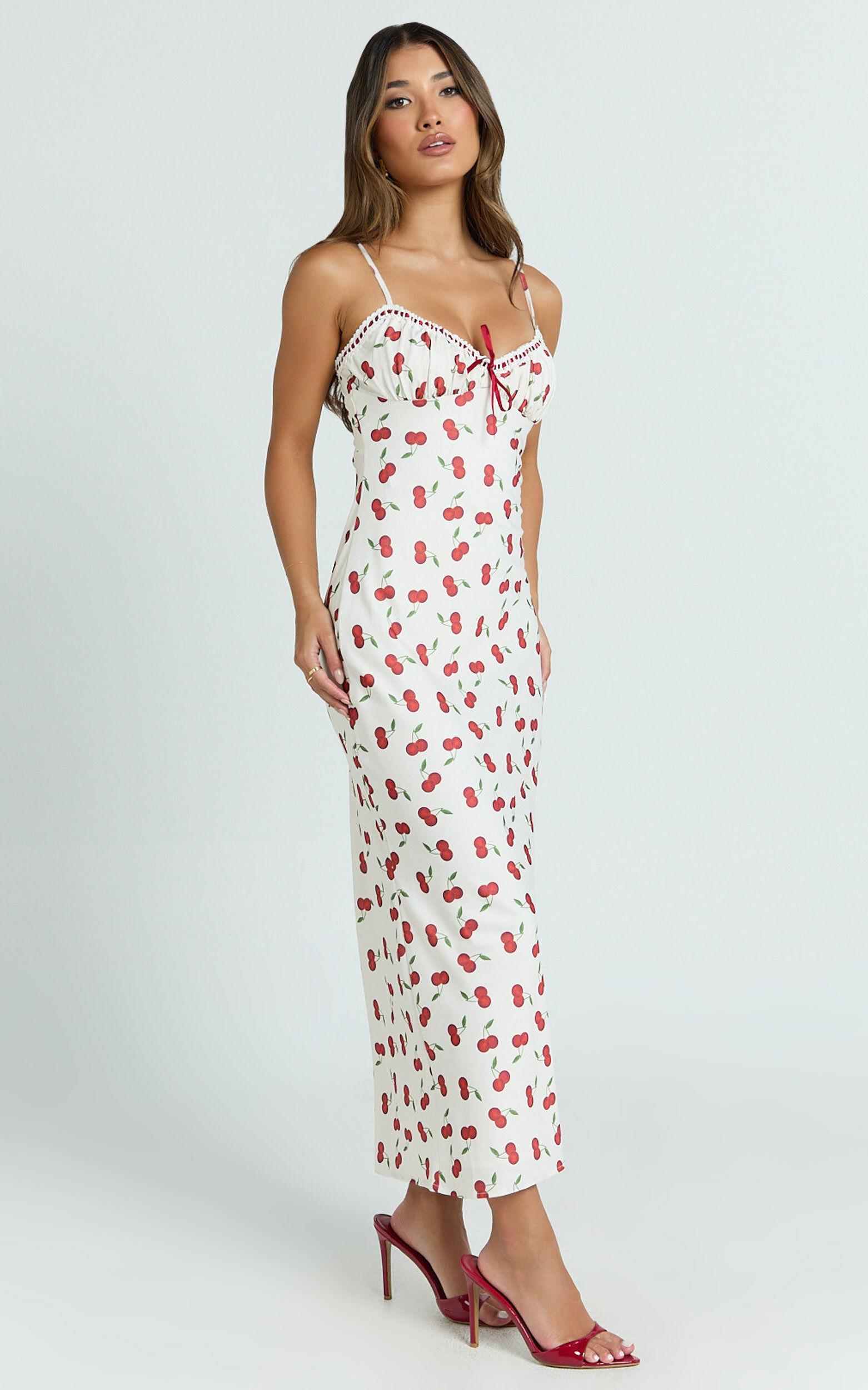 Bailey Midi Dress - Recycled Cherry Print Lace Trim Bias Cut Slip Dress in Blushing Cherries Print Product Image