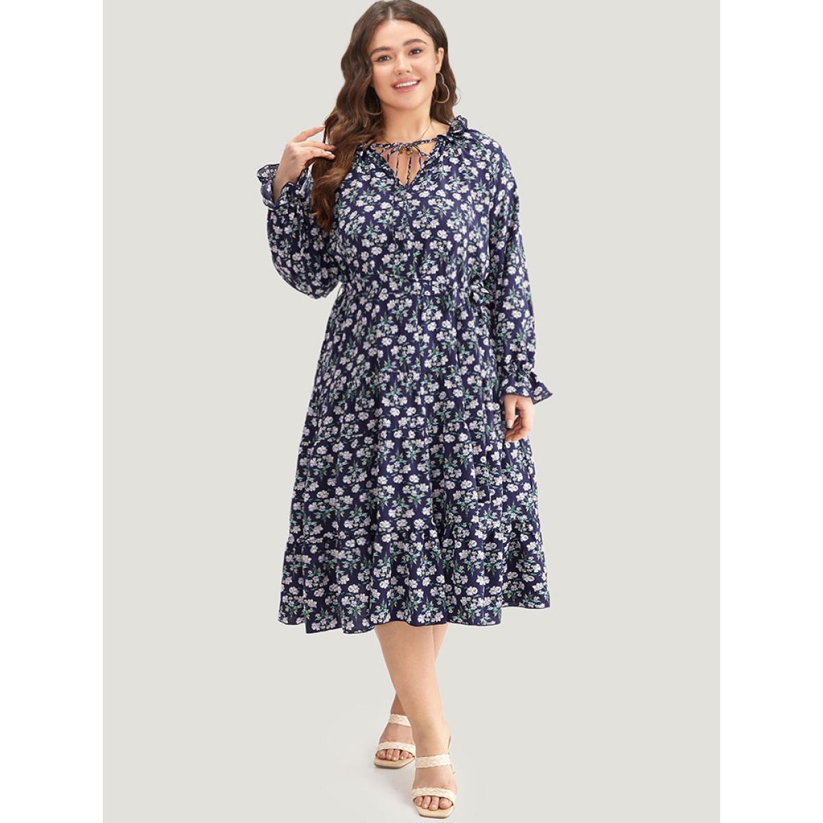 Plus Size Ditsy Floral Pocket Tie Neck Frill Trim Dress Indigo Women Vacation Cross straps Tie Neck Long Sleeve Curvy Midi Dress BloomChic 12/L Product Image