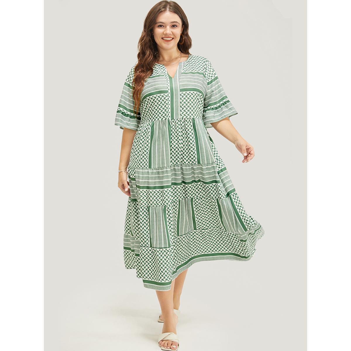 Plus Size Striped Geometric Ruffle Sleeve Patchwork Pocket Flutter Dress Mint Women Vacation Patchwork V-neck Elbow-length sleeve Curvy Midi Dress BloomChic 30/6X Product Image