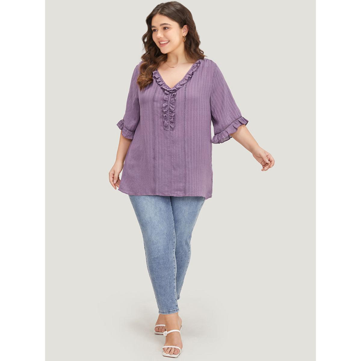 Plus Size Mauve Plain Ruffle Trim Cut Out Blouse Women Elegant Half Sleeve V-neck Dailywear Blouses BloomChic 10/M Product Image