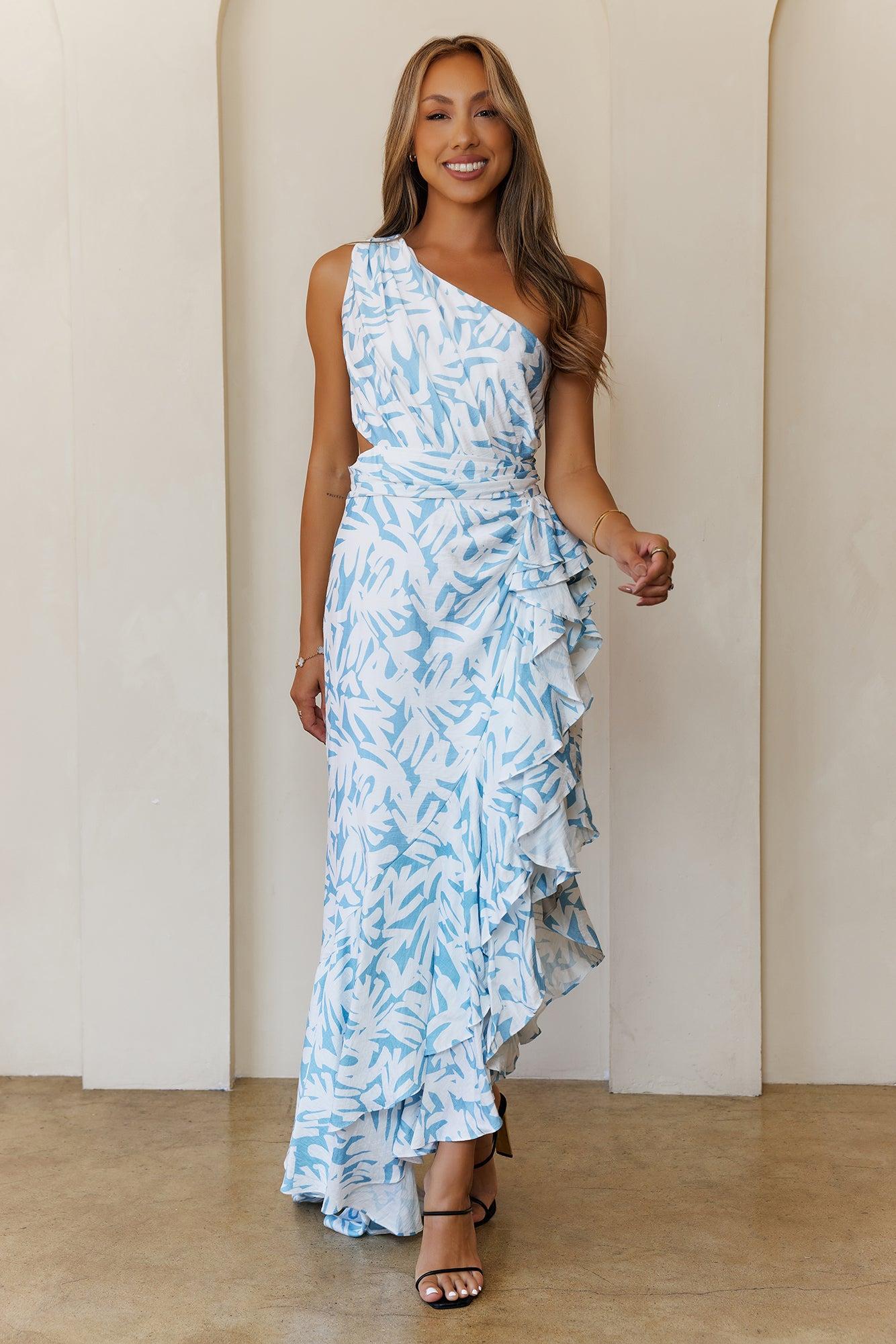 Gentle Petals One Shoulder Maxi Dress Blue Product Image