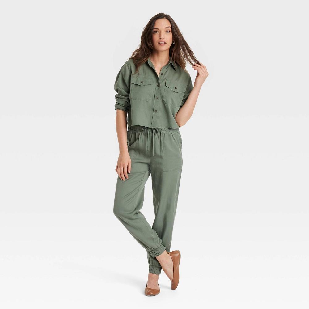 Womens High-Rise Joggers - Universal Thread Olive XS: Lightweight Woven Fabric, Relaxed Ankle Length, Side Pocket Product Image
