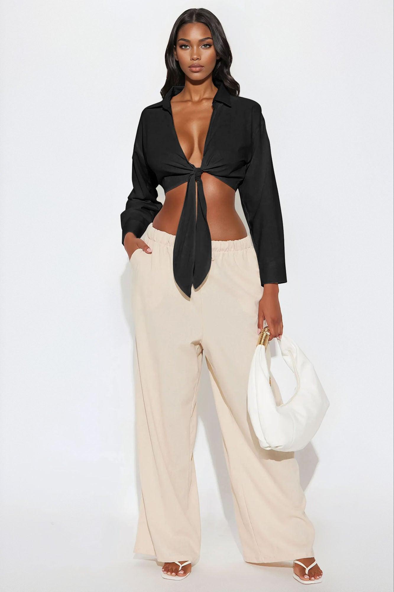 Alia Linen Tie Front Cropped Top - Black Product Image