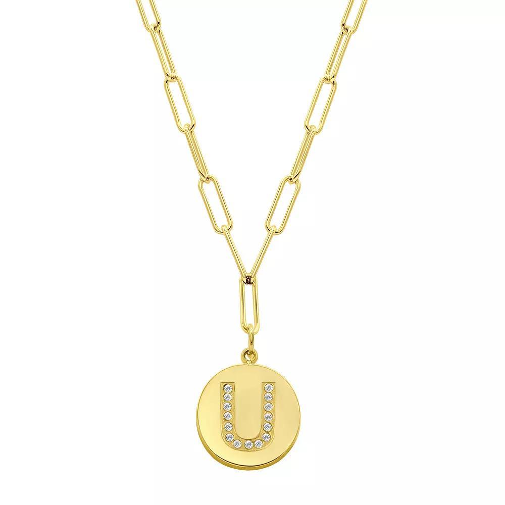Adornia Gold Tone Adjustable Cubic Zirconia Initial Disc Pendant Paperclip Necklace, Womens Product Image