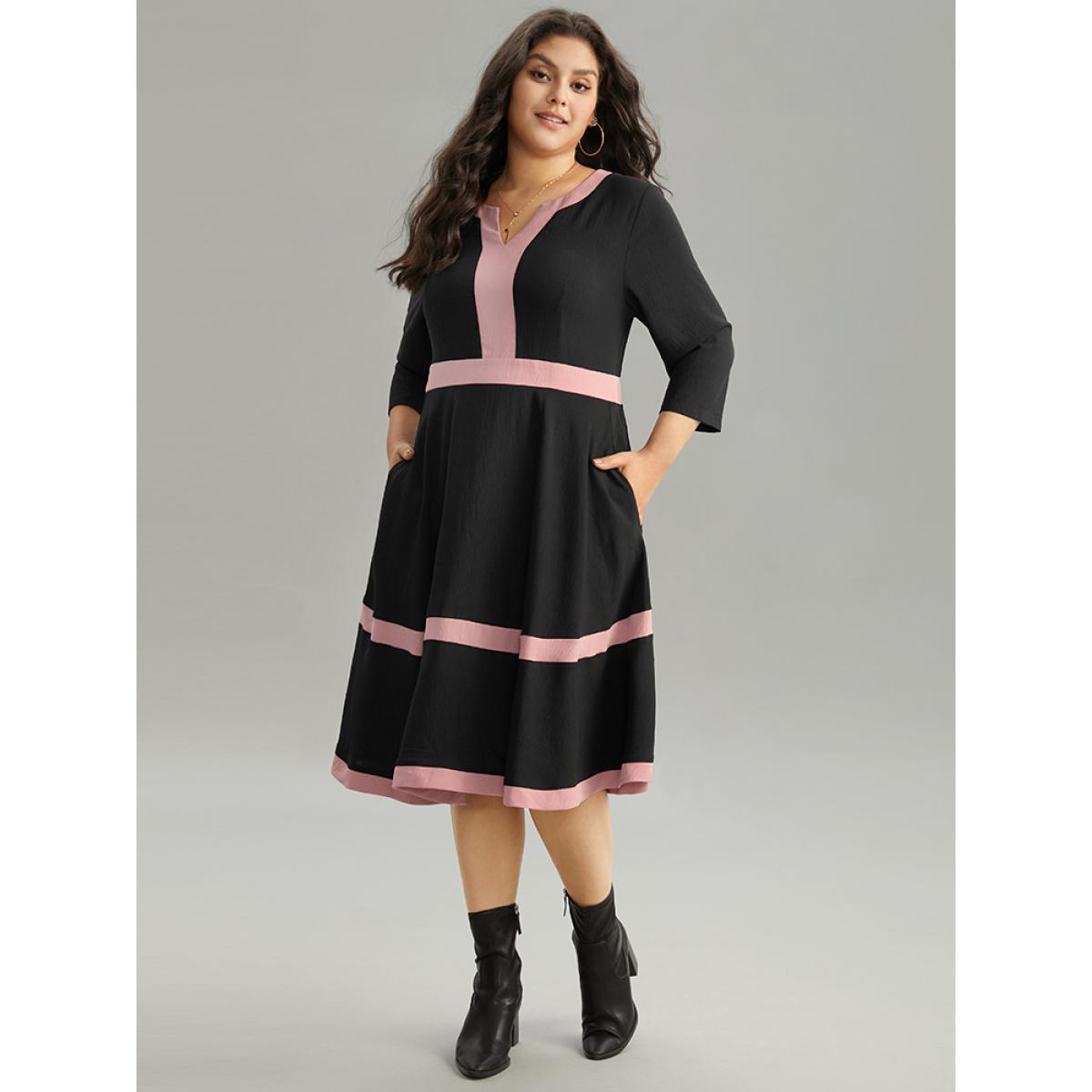 Plus Size Colorblock Contrast Notched Elastic Waist Dress Black Women Casual Contrast Notched collar Elbow-length sleeve Curvy Midi Dress BloomChic 12/L Product Image