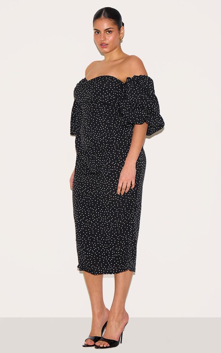 Plus Black Polka Dot Bandeau Puff Sleeve Midi Dress Product Image