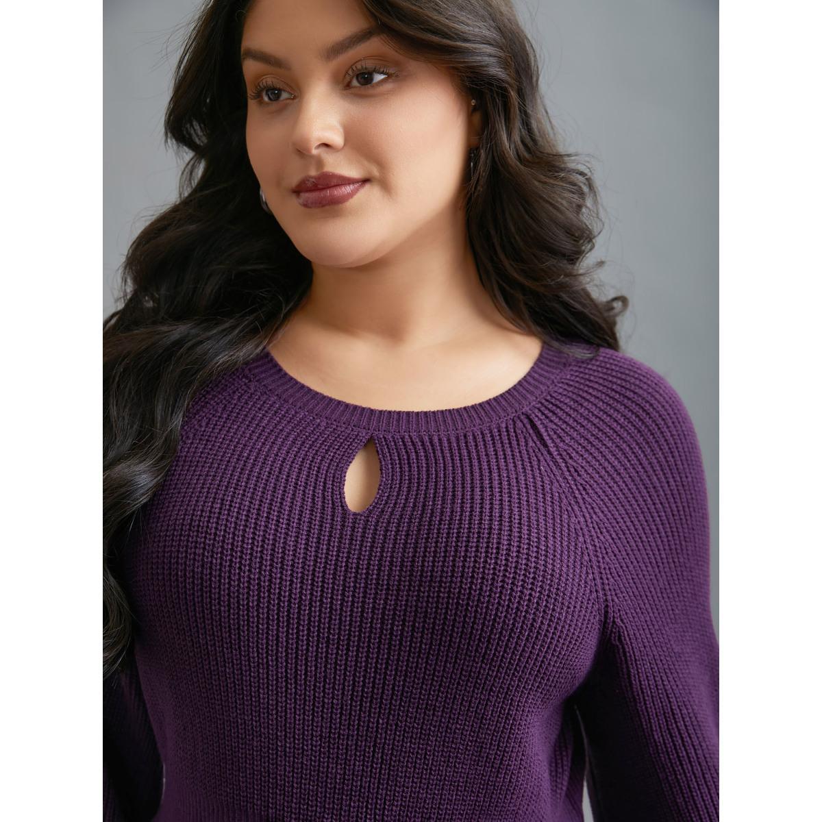 Plus Size Plain Textured Keyhole Raglan Sleeve Pullover Deeppurple Women Elegant Bodycon Long Sleeve Round Neck Everyday Pullovers BloomChic 10/M Product Image