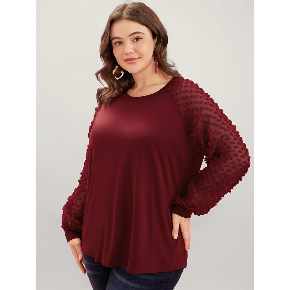 Plus Size Solid Mesh Patchwork Embroidered Round Neck Long Tee Scarlet Women Elegant See through Plain Round Neck Dailywear T-shirts BloomChic 18-20/2X Product Image