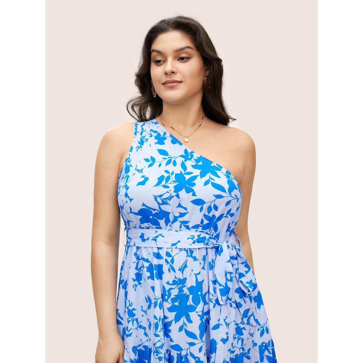 Plus Size Silhouette Floral Print One Shoulder Belted Dress Blue Women Elegant Belted Asymmetrical Neck Long Sleeve Curvy Midi Dress BloomChic 22-24/3X Product Image