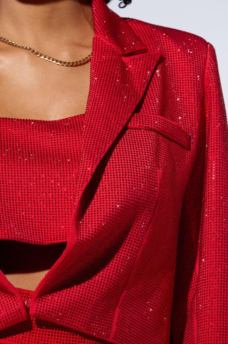 POP STAR HOT FIX RHINESTONE CROPPED BLAZER IN RED Product Image
