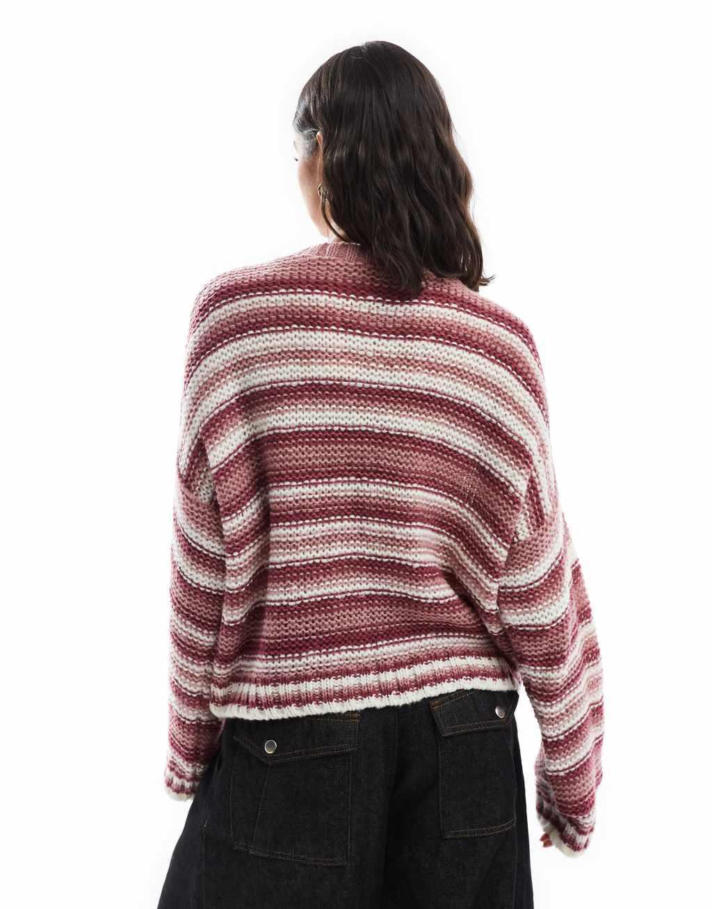 ASOS DESIGN knitted crew neck cardigan in pink stripe Product Image