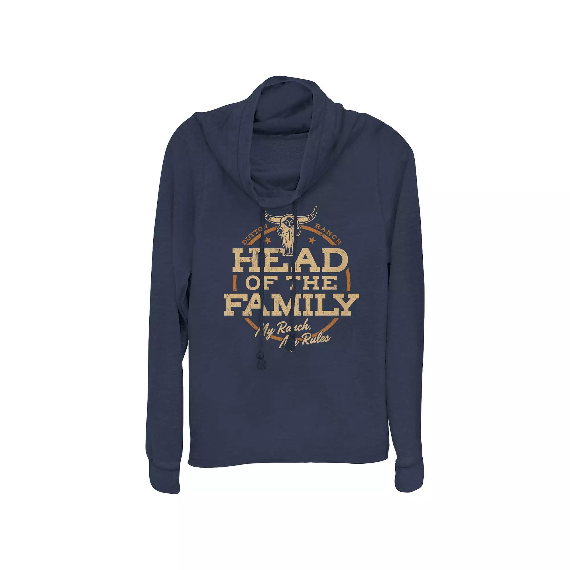 Women's Yellowstone Head Of The Family Cowlneck Graphic Lightweight Long Sleeve, Girl's, Size: XS, Blue Product Image