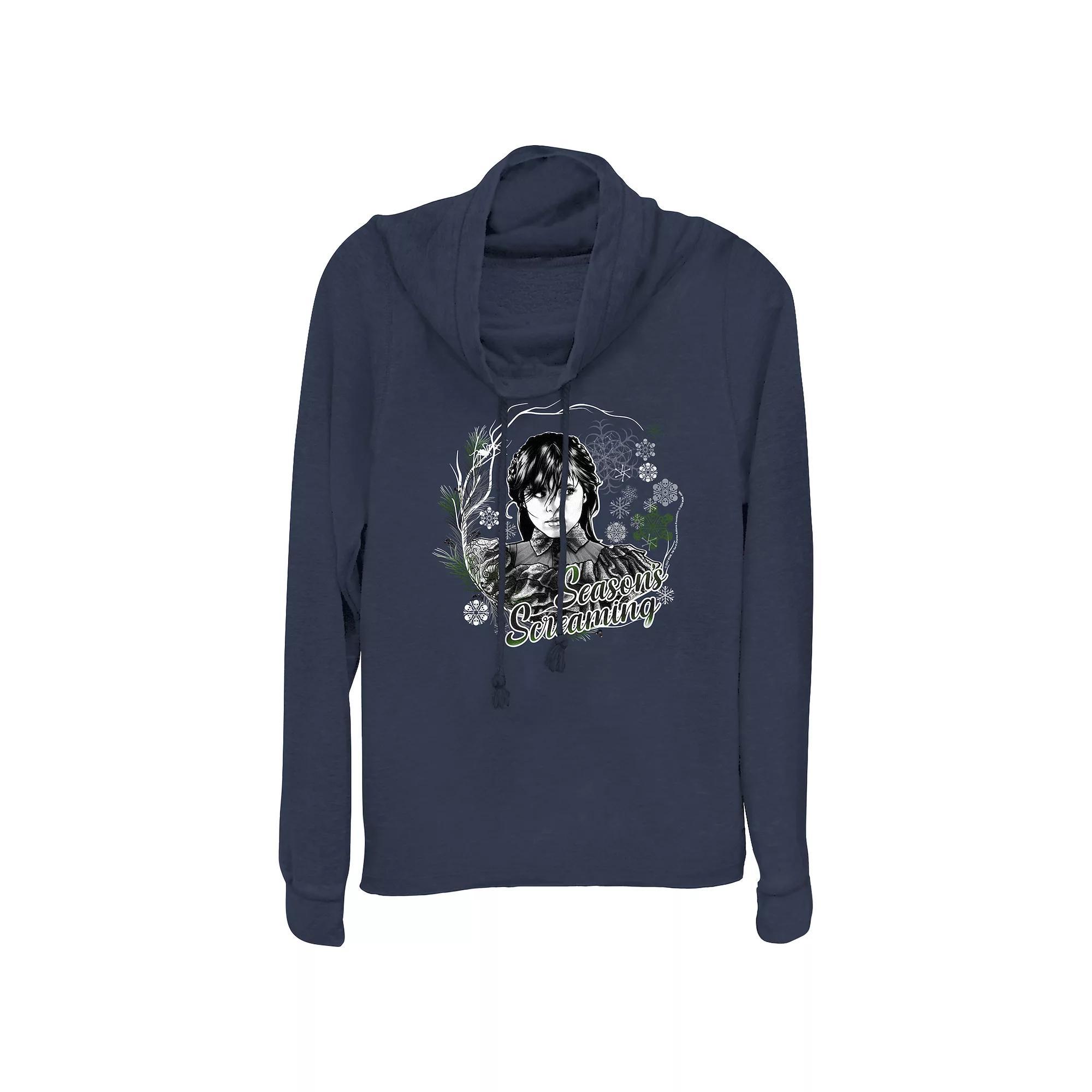 Women's Wednesday Season's Screaming Cowlneck Graphic Lightweight Long Sleeve, Size: XS, Blue Product Image