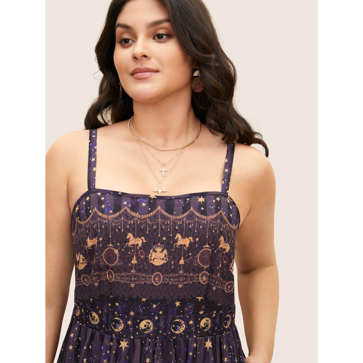 Plus Size Star & Moon Print Elastic Waist Maxi Cami Dress Deeppurple Women Resort Patchwork Non Sleeveless Curvy BloomChic 30/6X Product Image