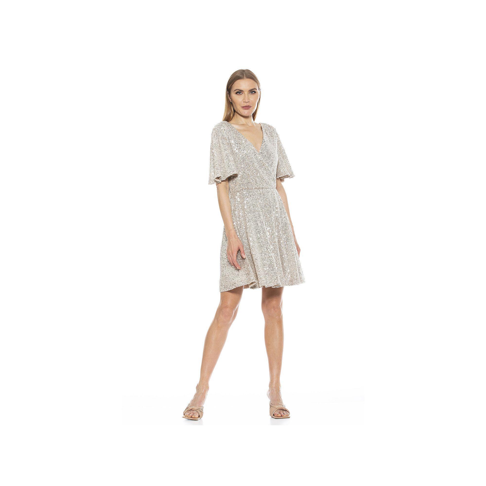 Women's ALEXIA ADMOR Oakless Flutter Sleeve Fit & Flare Dress, Size: Large, Silver Product Image