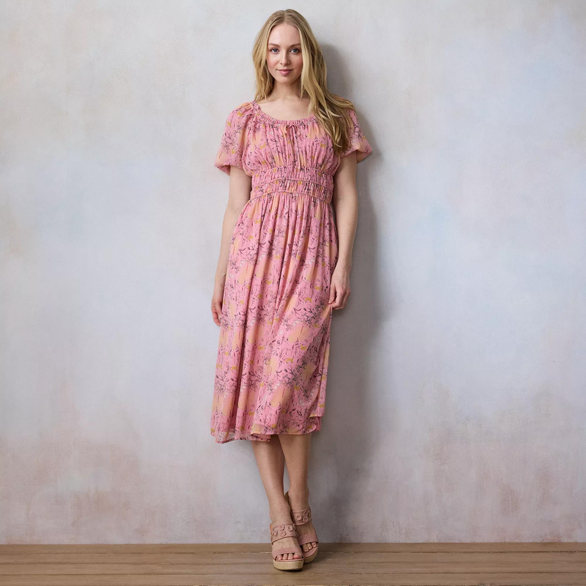 Womens LC Lauren Conrad Shirred Bodice Tea Length Dress Product Image