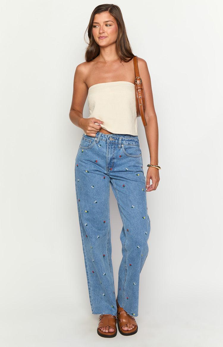 Kansis Blue Embroidered Uneven Waist Jeans Product Image