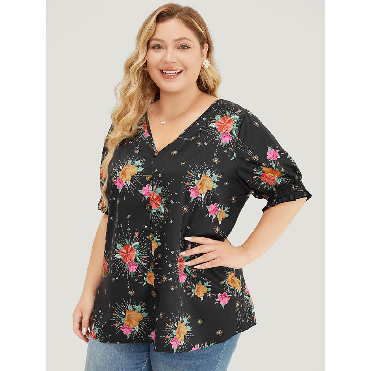 Plus Size BlackFlower Floral Shirred Puff Sleeve Blouse Women Glamour Short sleeve V-neck Going out Blouses BloomChic 14-16/1X Product Image
