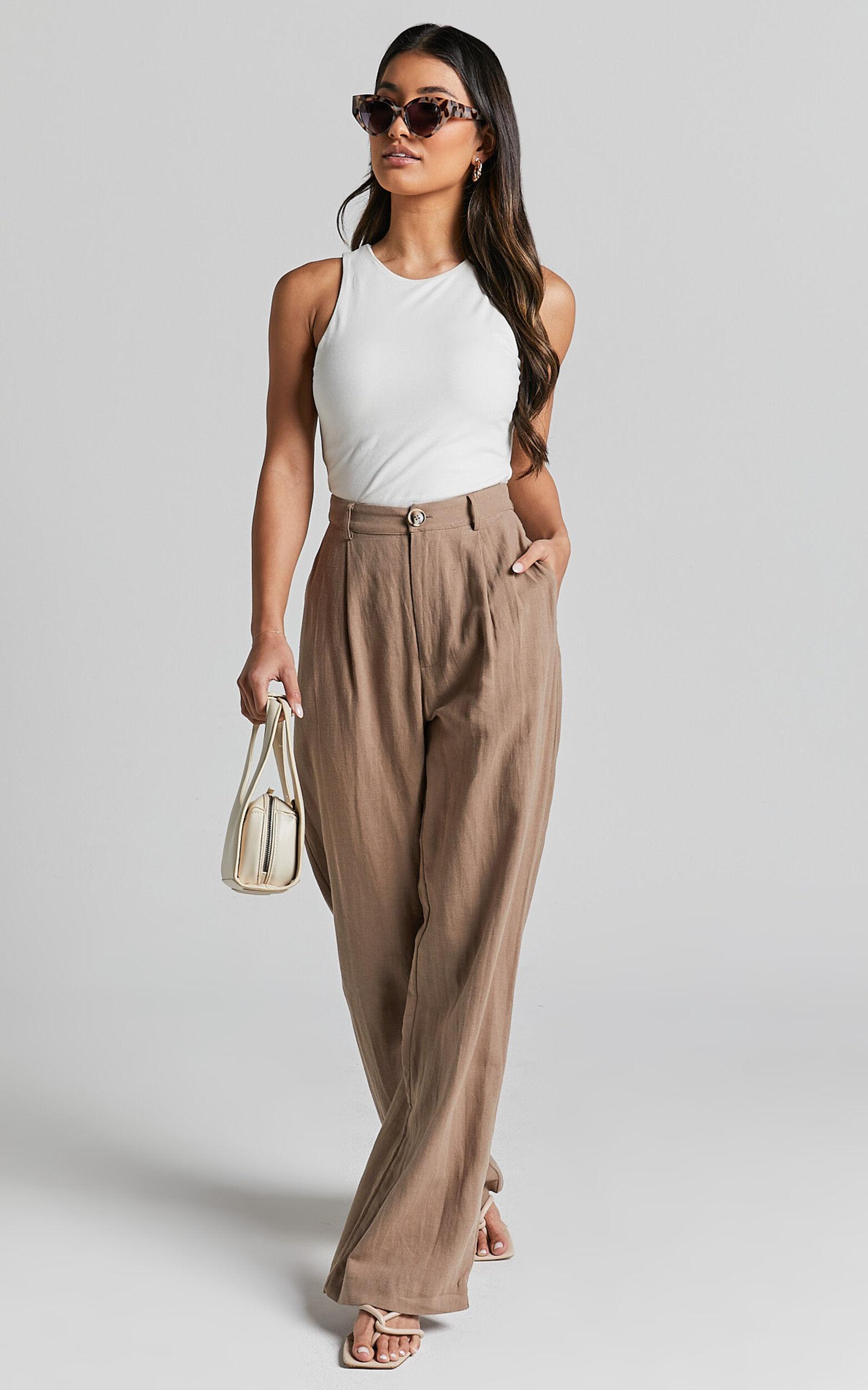 Larissa Trousers - Linen Mid Waisted Relaxed Straight Leg Trousers in Mushroom Product Image