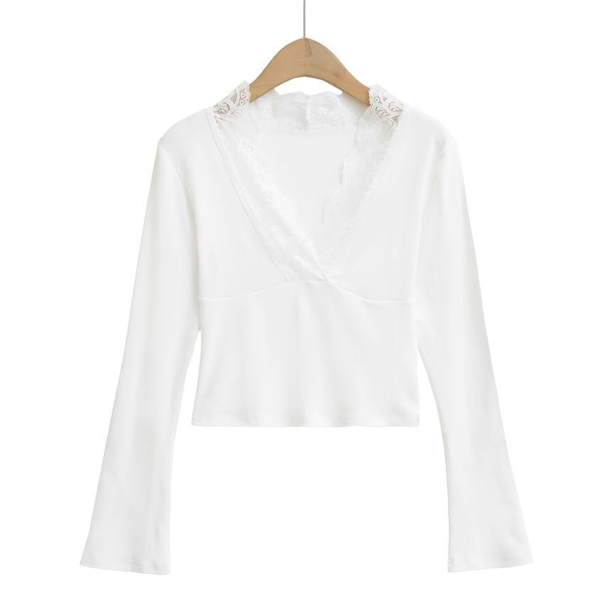 Bell Sleeve V-Neck Lace-Trim Plain Slim-Fit Crop Top Product Image