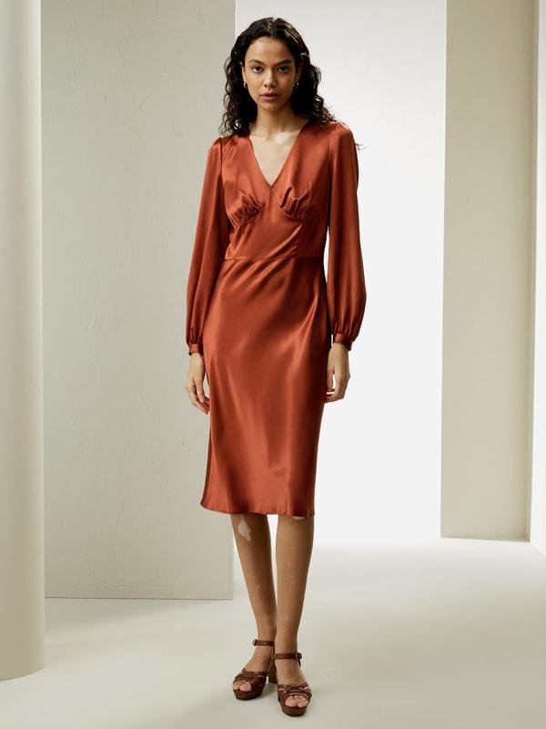 V-Neck Silk Waisted Dress Product Image