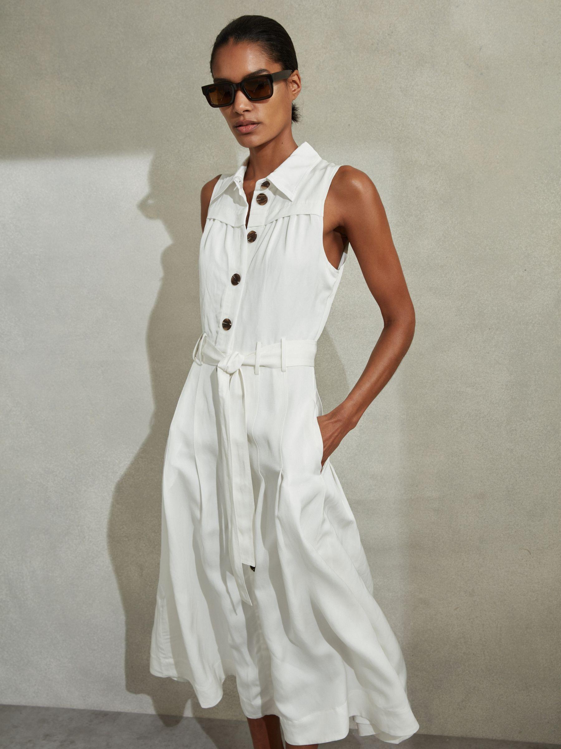 Petite Viscose-Linen Belted Midi Dress in White Product Image