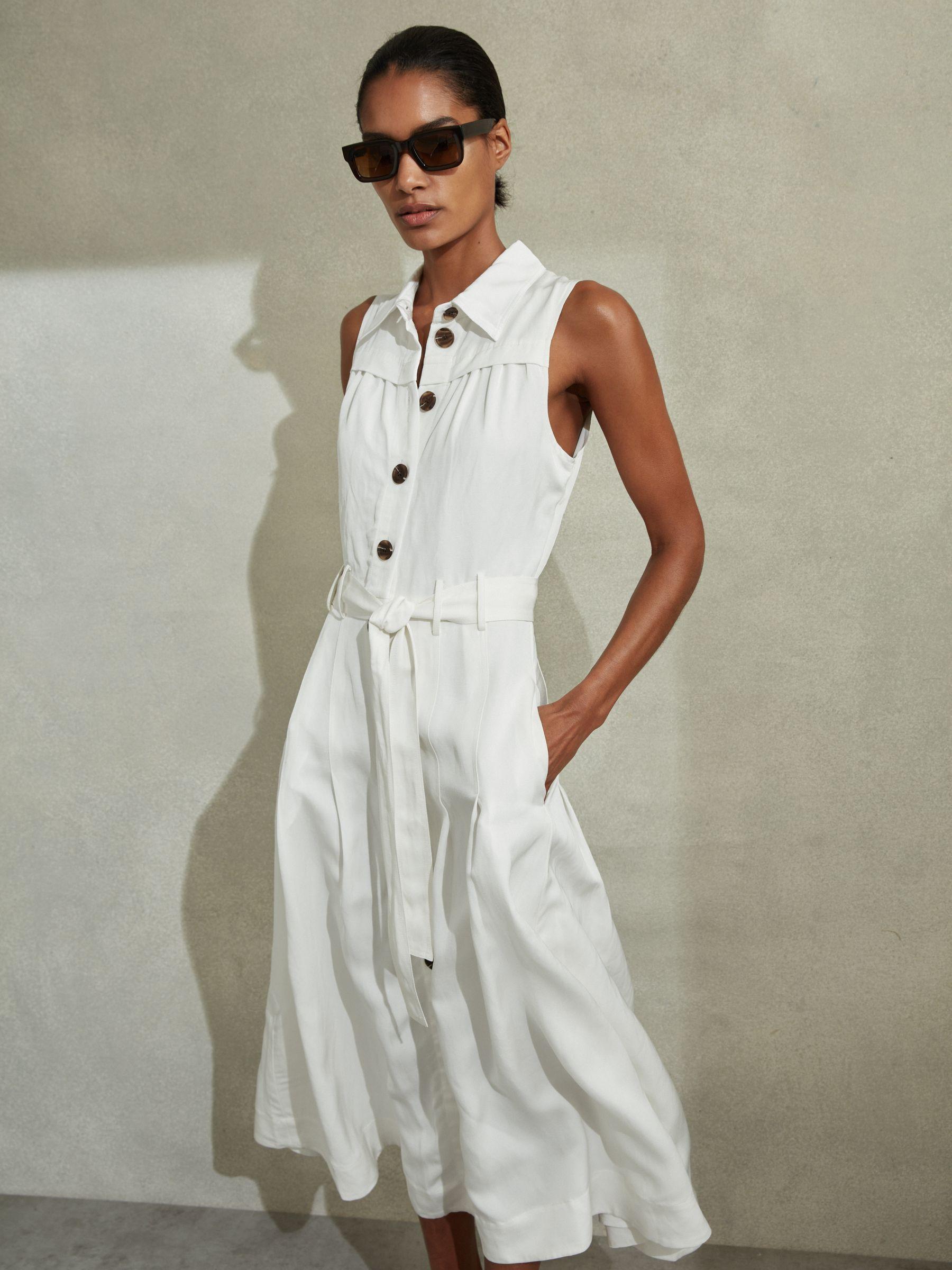 Petite Viscose-Linen Belted Midi Dress in White Product Image