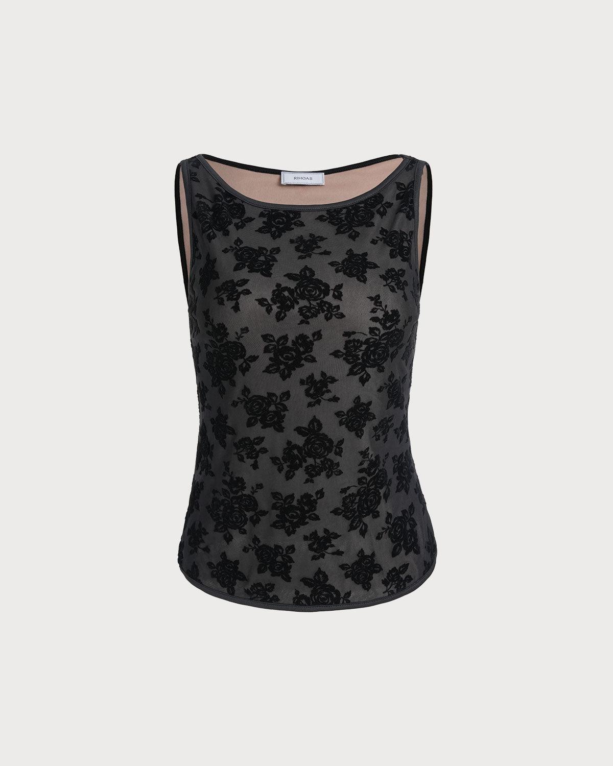 Black Floral Boat Neck Tank Top Product Image