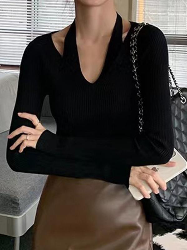 Solid V Neck Halter Long Sleeve Knit Product Image