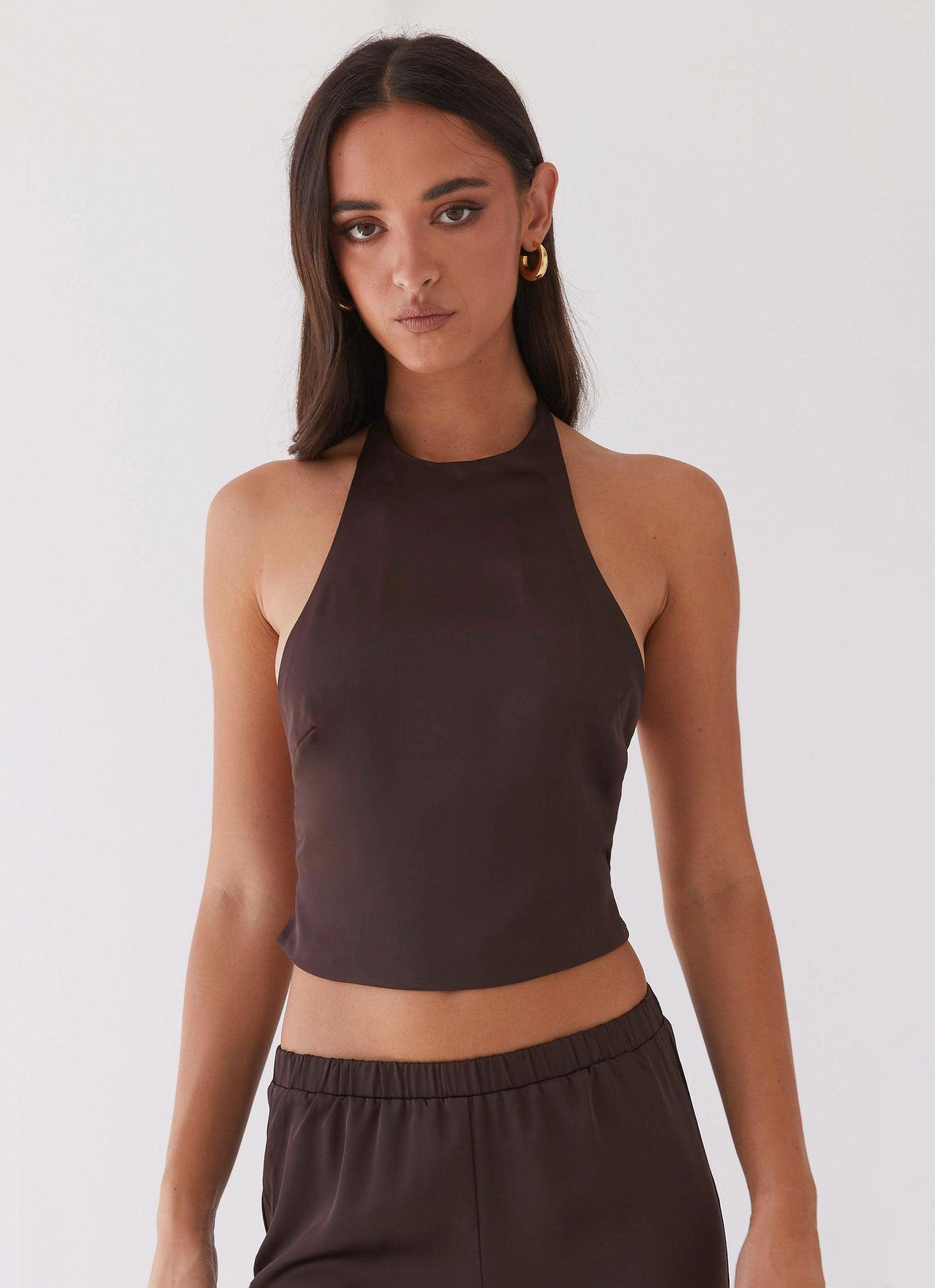 Bree Satin Halterneck Top - Brown Product Image