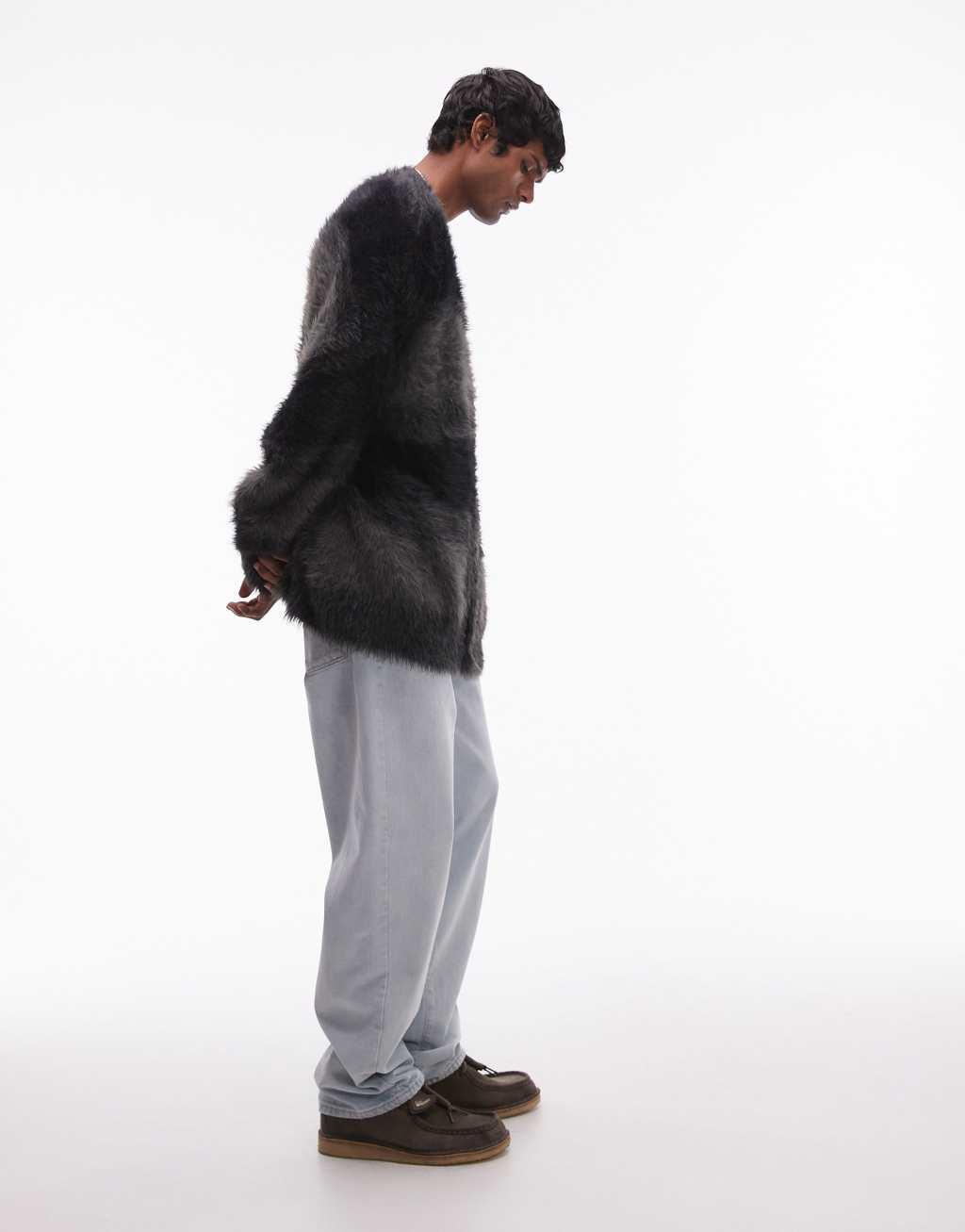 Topman fluffy oversized cardigan in black stripe Product Image