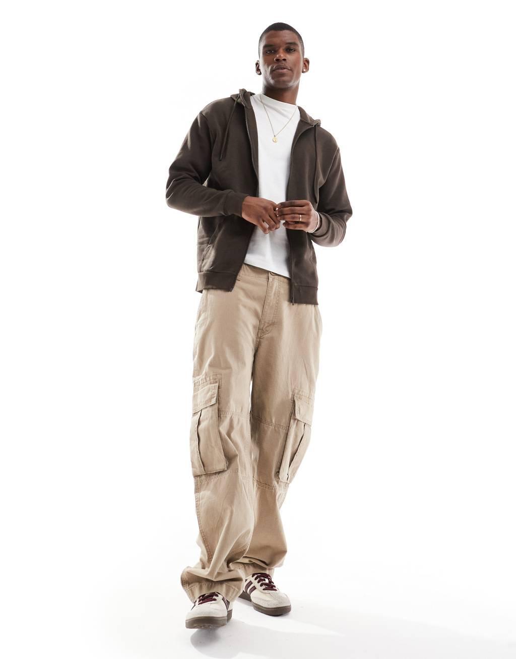 Jack & Jones oversized zip through hoodie in chocolate brown  Product Image