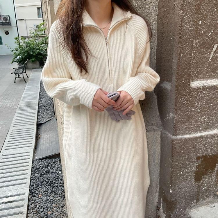 Long Sleeve Stand Collar Plain Half Zip Ribbed Midi Shift Sweater Dress Product Image