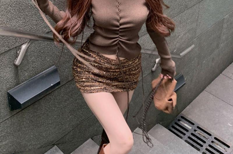 Long Sleeve Crew Neck Plain Ruched Crop Tee / High Waist Plain Glitter Mini Pencil Skirt Product Image