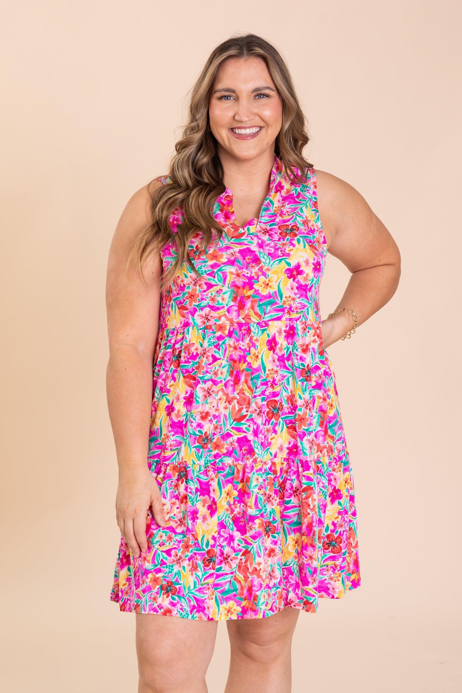 Fuchsia Floral Tiered Wrinkle Free Dress Product Image