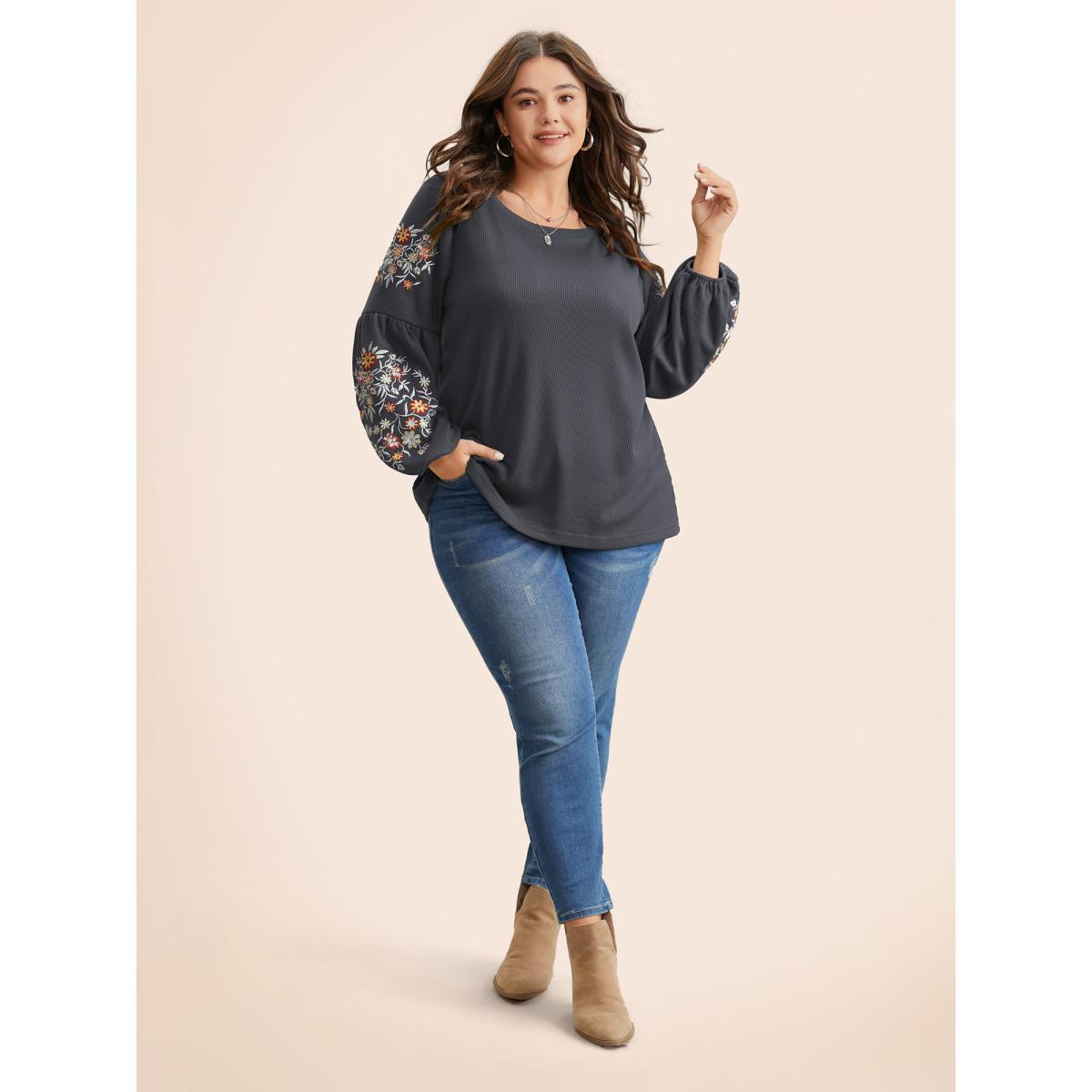 Plus Size Waffle Knit Floral Embroidered Lantern Sleeve T-shirt DimGray Women Elegant Texture Floral Round Neck Everyday T-shirts BloomChic 10/M Product Image