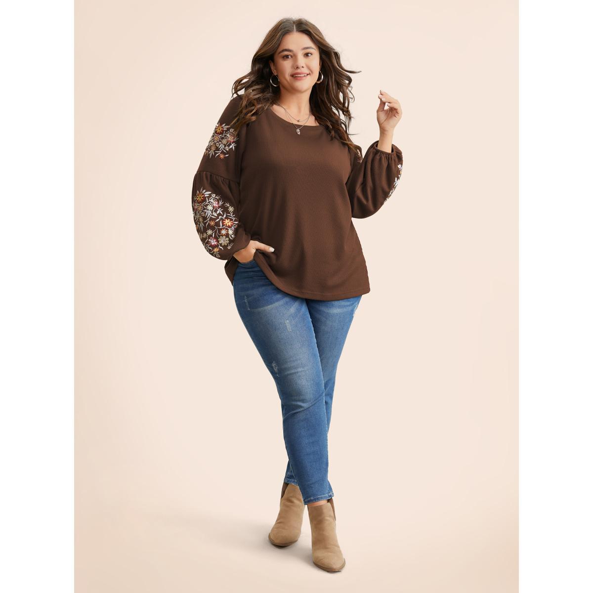Plus Size Waffle Knit Floral Embroidered Lantern Sleeve T-shirt Cyan Women Elegant Texture Floral Round Neck Everyday T-shirts BloomChic 18-20/2X Product Image
