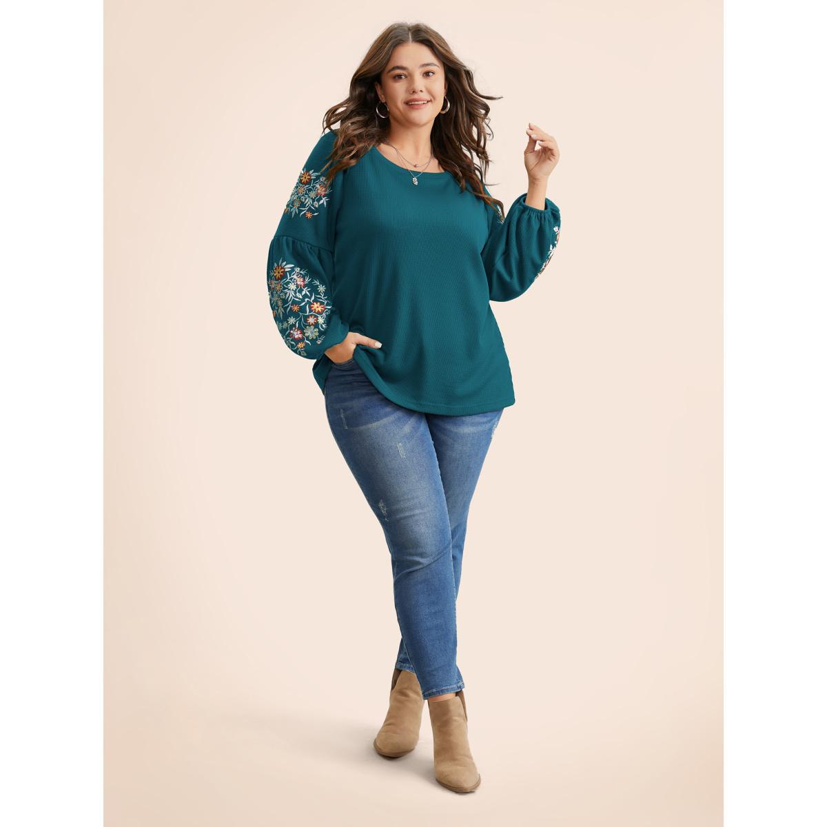 Plus Size Waffle Knit Floral Embroidered Lantern Sleeve T-shirt Cyan Women Elegant Texture Floral Round Neck Everyday T-shirts BloomChic 18-20/2X Product Image