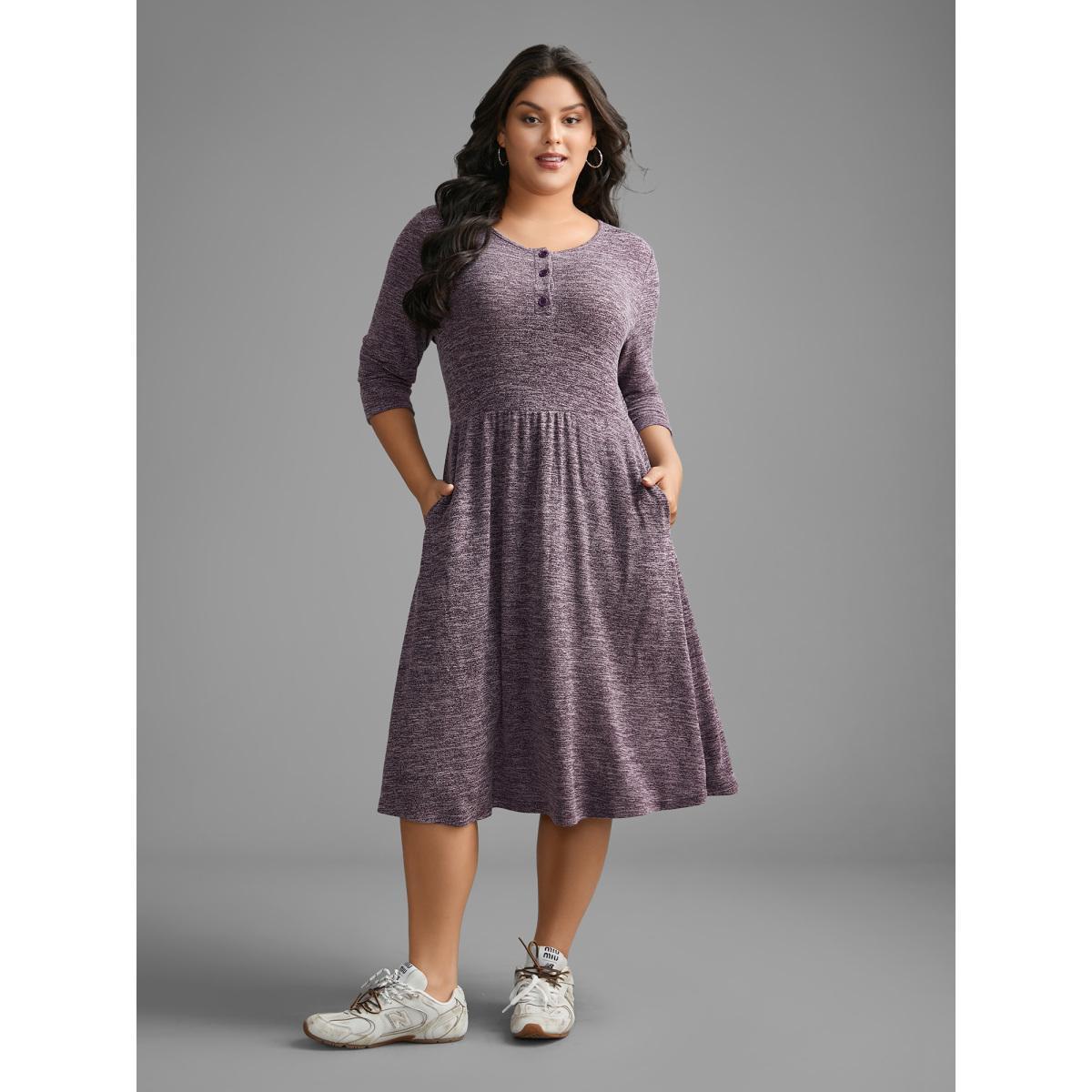 Plus Size Solid Heather Button Up Knit Dress Deeppurplered Women Casual Button Knit Dresses Bloomchic 30/6X Product Image