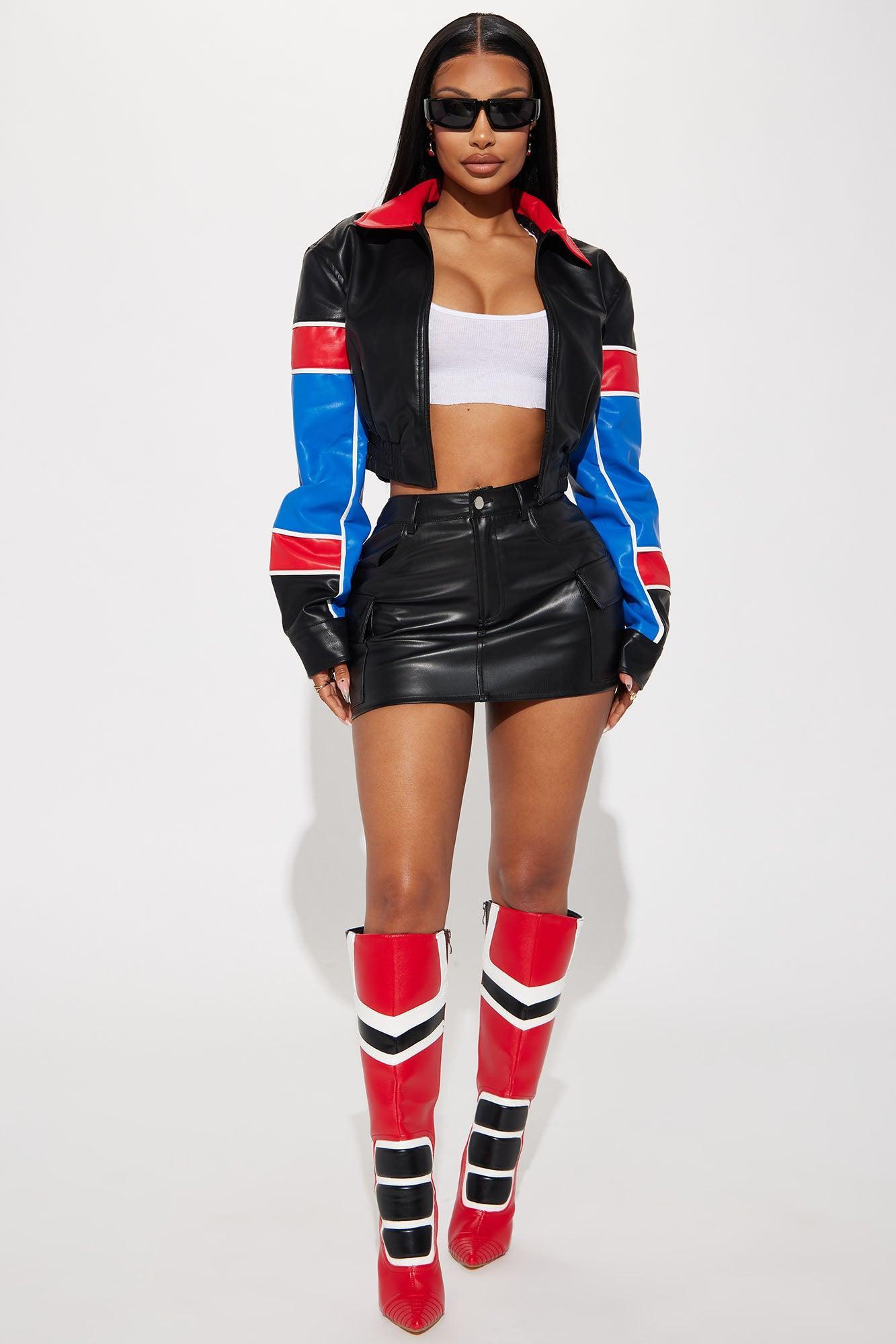 Race Day Fitted Faux Leather Jacket - Blue/combo Female Product Image