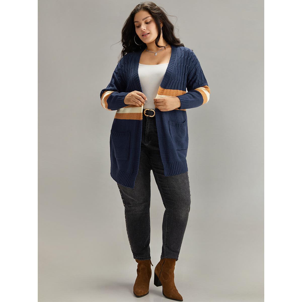 Plus Size Cable Knit Colorblock Contrast Open Front Cardigan Multicolor Women Casual Loose Long Sleeve Dailywear Cardigans BloomChic 10/M Product Image