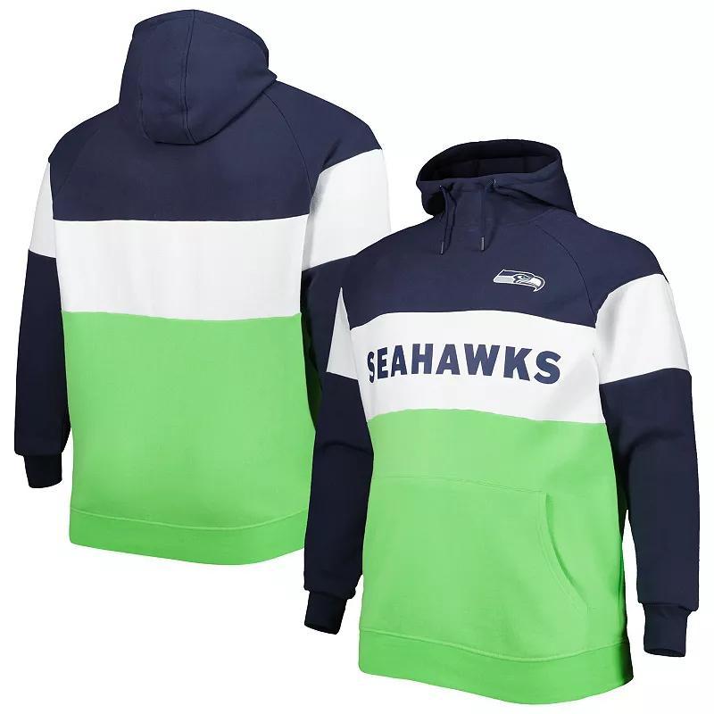 Men's New Era Neon Green/College Navy Seattle Seahawks Big & Tall Current Colorblock Raglan Fleece Pullover Hoodie, Size: 3XLT, Brt Gr Product Image