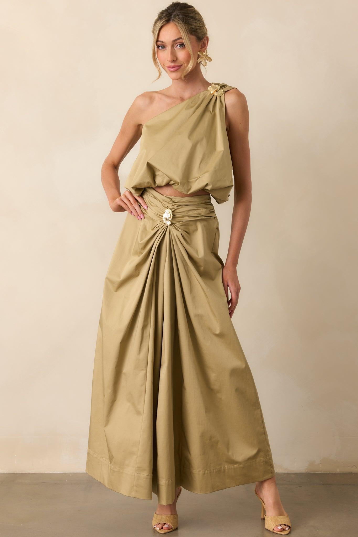 Get My Good Side Tan One Shoulder Bubble Hem Crop Top Product Image