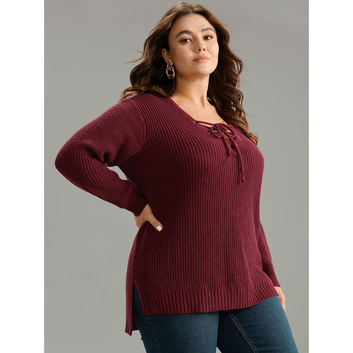 Plus Size High Low Hem Lace Up Split Side Pullover Scarlet Women Casual Loose Long Sleeve V-neck Dailywear Pullovers BloomChic 12/L Product Image