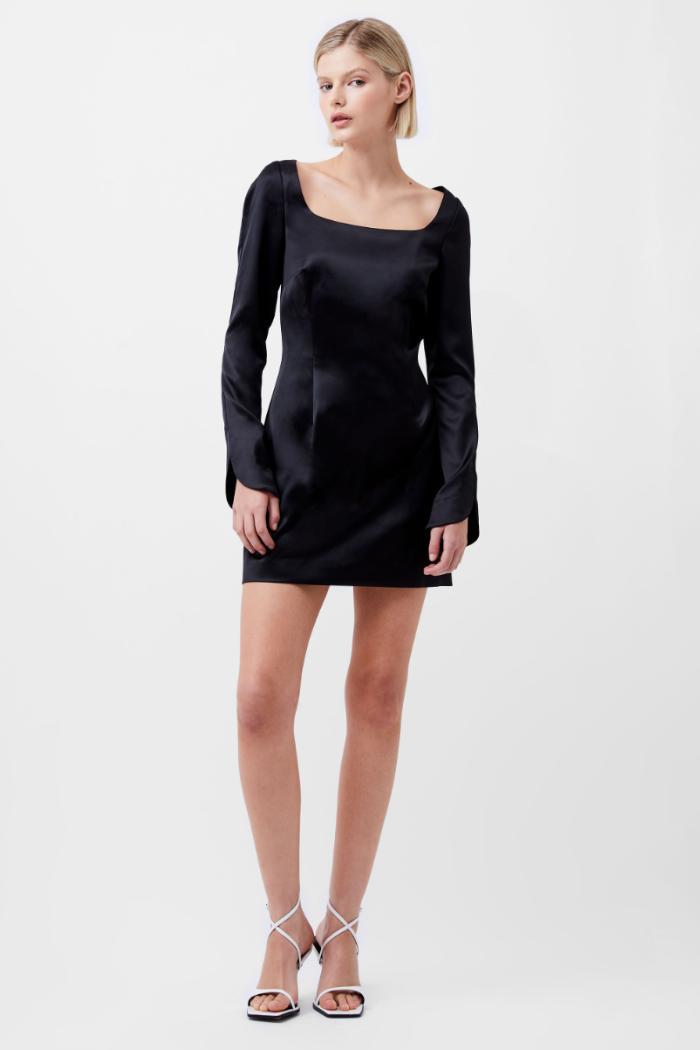 Structured Satin Split Sleeve Dress - Black Product Image